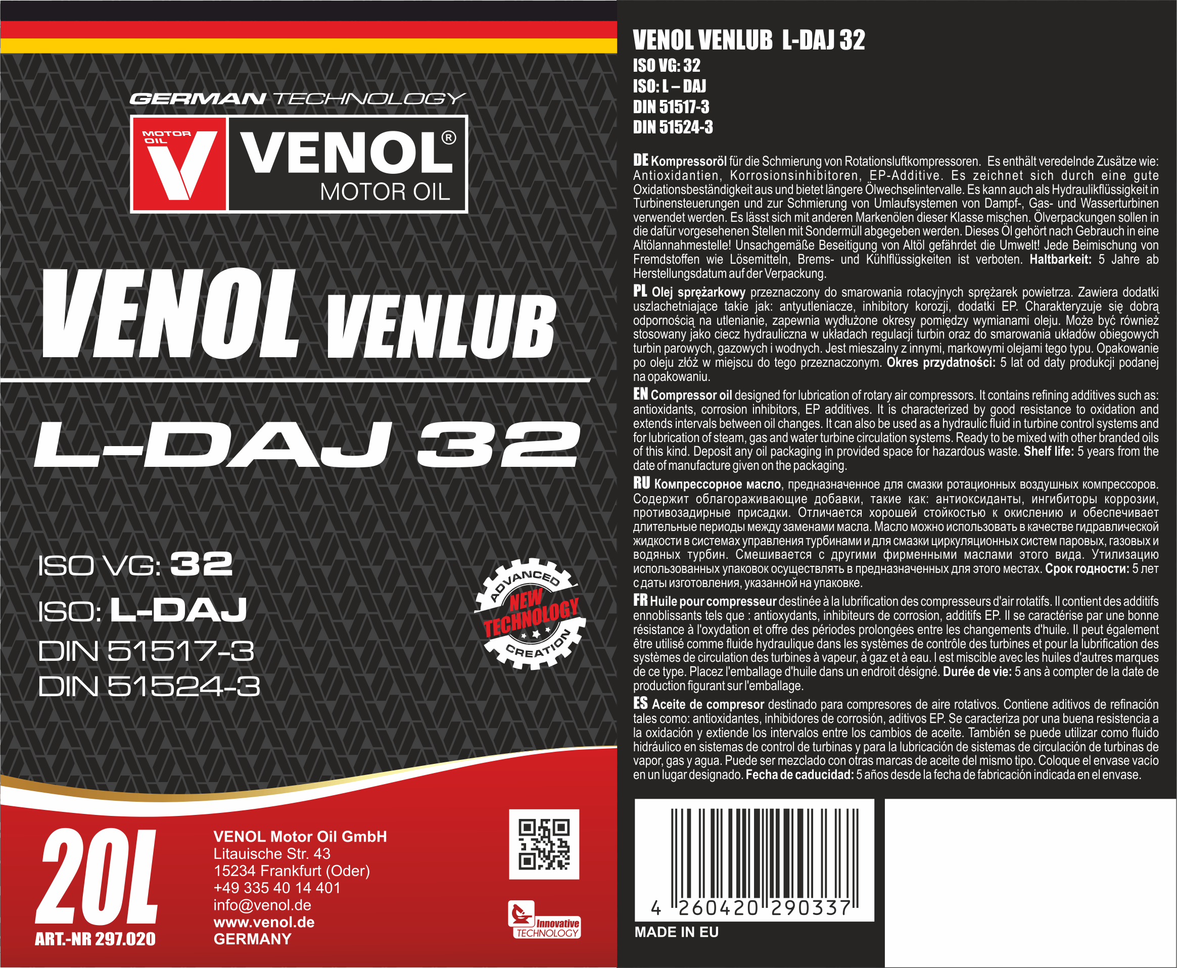 VENOL_OLEJ_SPRĘŻARKOWY_ VENLUB L DAJ 32 20L